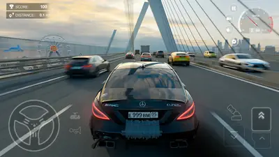 Highway traffic racing on a cable-stayed bridge in Traffic Racer Russian, a black sedan weaving through traffic at sunset Highway traffic racing on a cable-stayed bridge in Traffic Racer Russian, a black sedan weaving through traffic at sunset