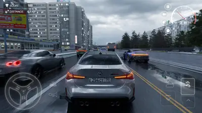 Rainy city avenue in Traffic Racer Russian with a silver coupe driving past panel apartment blocks on wet tarmac Rainy city avenue in Traffic Racer Russian with a silver coupe driving past panel apartment blocks on wet tarmac