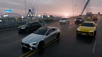 Online free roam in Traffic Racer Russian at dusk, several players with name tags cruising a bridge near a ferris wheel Online free roam in Traffic Racer Russian at dusk, several players with name tags cruising a bridge near a ferris wheel